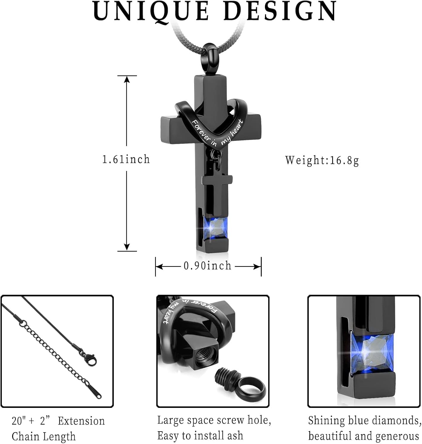 Imrsanl Crystal Cross Necklace for Ashes - Stainless Steel Keepsake Cremation Jewelry - Religious Cross Memorial Urn Necklace for Pet Human Ashes Pendant - Image 2