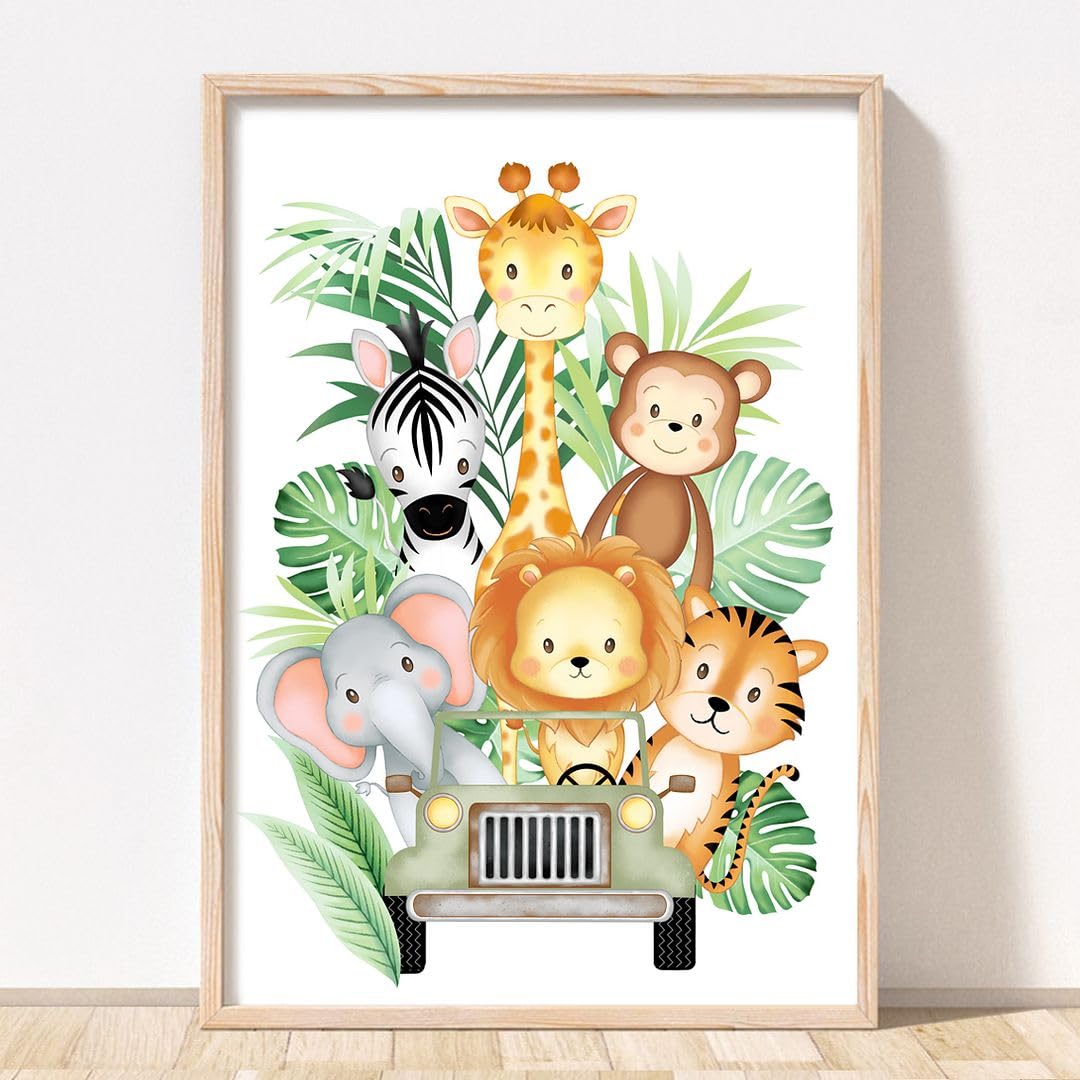 Rubybloom Designs No Name Safari Jeep Jungle Animal Nursery Print - Unframed - Childrens Name Giraffe Tiger Lion Elephant Zebra Monkey Wall Art