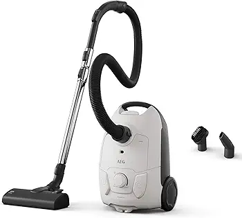 AEG AB51C1SW Aspiradora de Trineo con Bolsa, 750W de Potencia, 3,5L de Capacidad, Cable de 8,5m, 79dB de Ruido, Filtro Lavable, Cepillo Todo Suelo, Boquilla 2 en 1, Incluye 1 Bolsa, Blanco
