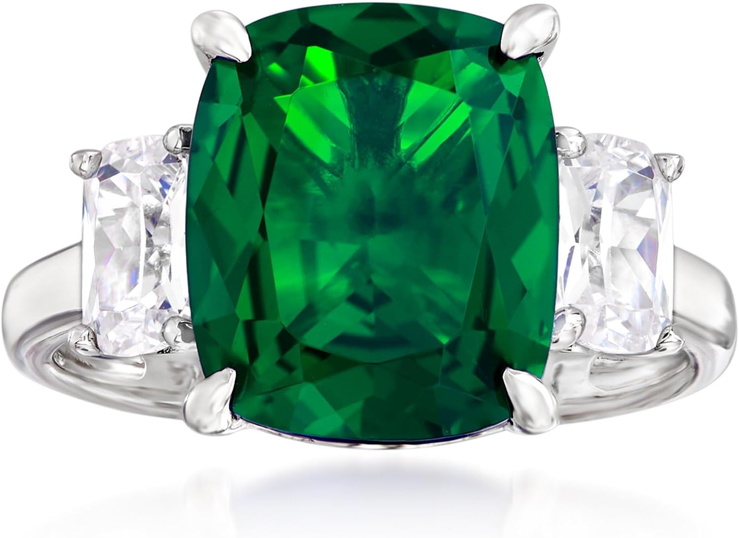 Ross-Simons 6.25 Carat Simulated Emerald and 1.10 ct. t.w. CZ 3-Stone Ring in Sterling Silver