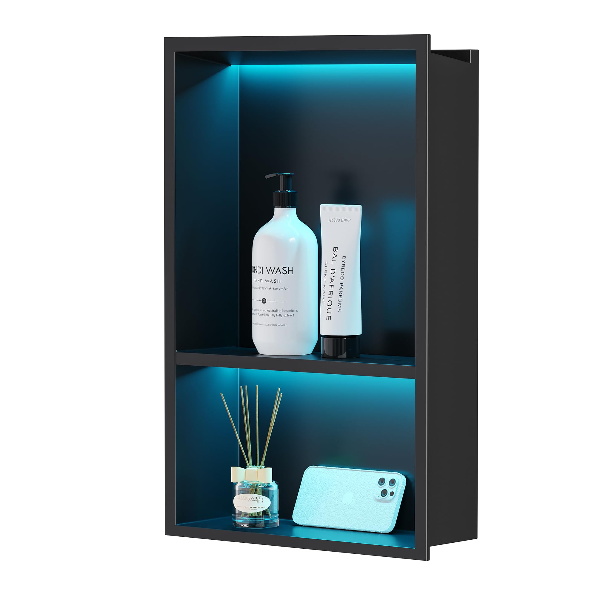 Neohomee Wanddouche roestvrij staal met RGB ledlicht, dubbele douchebak zwart met afstandsbediening opslag voor badkamer, 45 x 30 cm