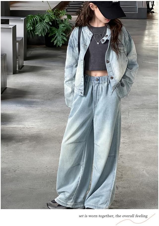 [Luzverde] 子供服 女の子 ジャージ スウェット デニムジャケット デニムパンツ セットアップ 無地 アウター カジュアル