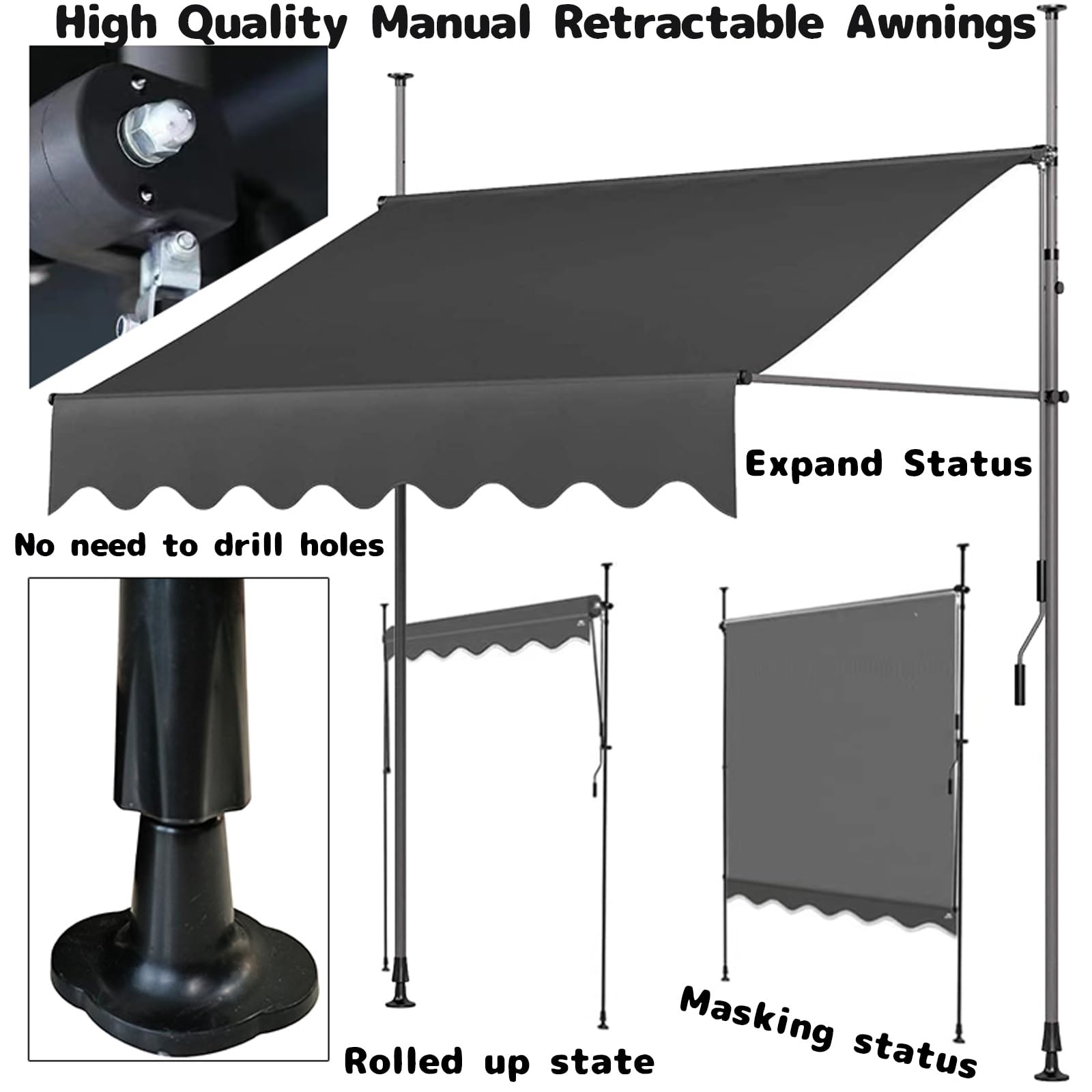 Toldo retráctil manual resistente a los rayos UV para jardín, acero y poliéster con altura ajustable de 2,15 a 3,1 m, sin taladrar, para patio al aire libre (gris + blanco, 3 x 1 m)