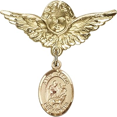 14kt Yellow Gold Baby Badge with St. Jason Charm and Angel w/Wings Badge Pin 1 1/8 X 1 1/8 inches