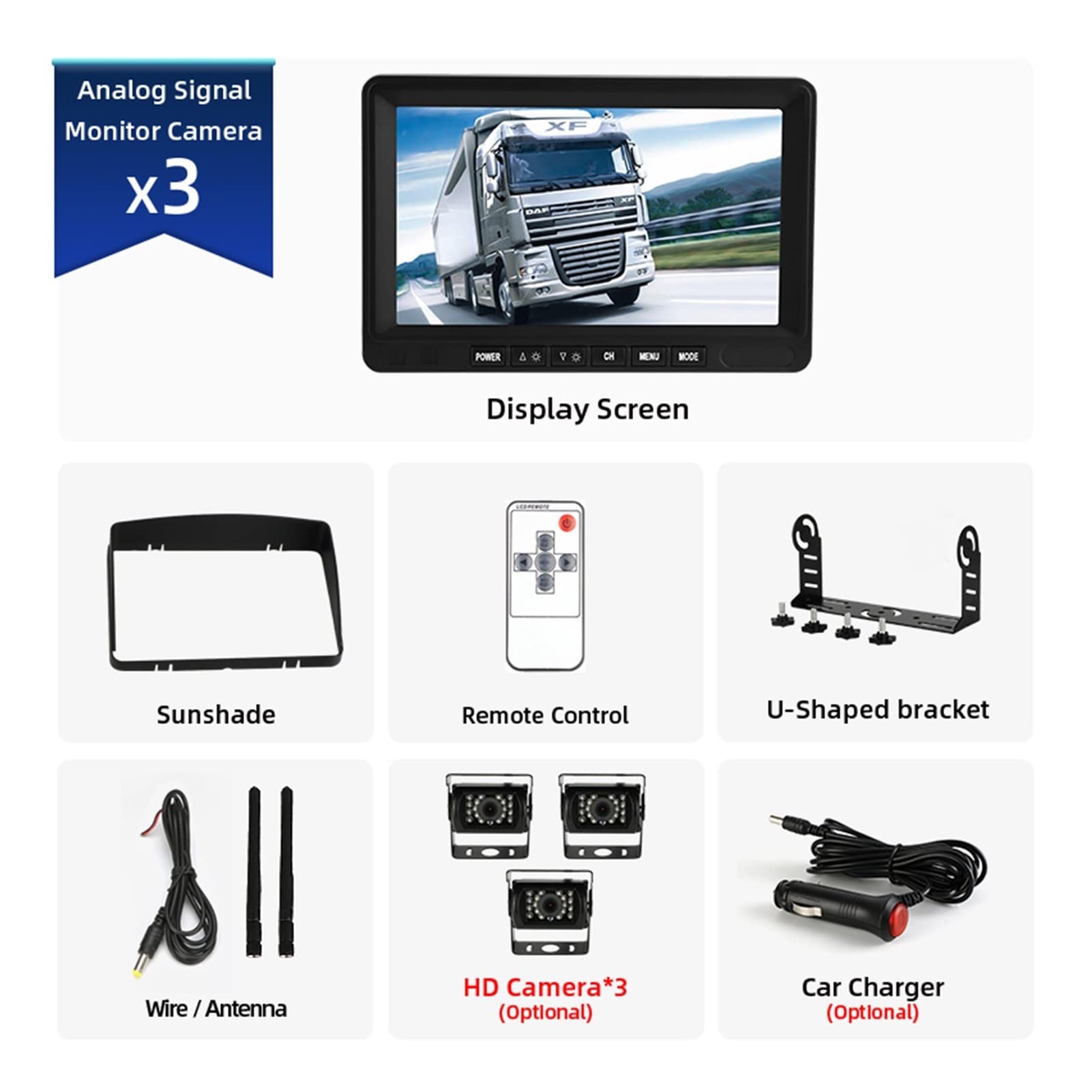 7 "Bezprzewodowy monitor samochodu z tyłu widok z tyłu kamery Night Vision with Screen Parking System Backup Wyświetlacz do samochodów ciężarowych Rv. Samochody dostawcze(3 Cam with charger)