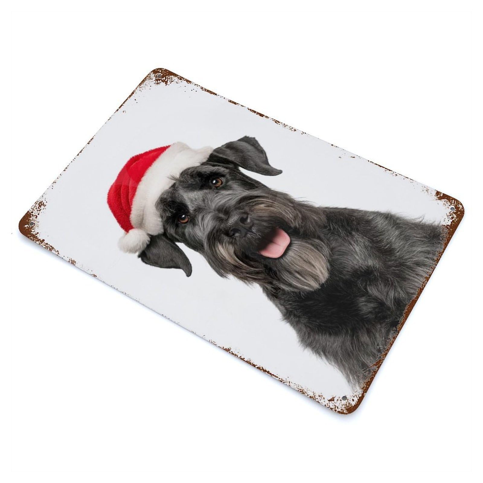 Vintage Rust Metal Sign Giant Schnauzer Dog with Santa Hat 11.8"x7.9", Shabby Chic Decor for Cafe, Home Bar And Lounge Decor
