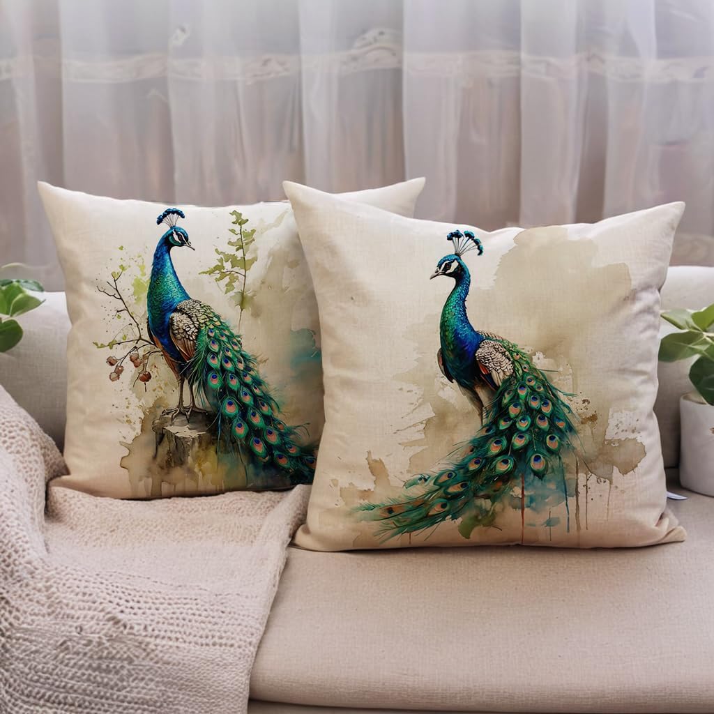 7COLORROOM Set of 4 Vintage Style Peacock Throw Pillow Cover with Flower &Green Leaves Cushion Cover Cotton Linen Home Decors Square Pillowcases 18"X18" for Couch/Sofa/Bedroom (Blue) - Image 5