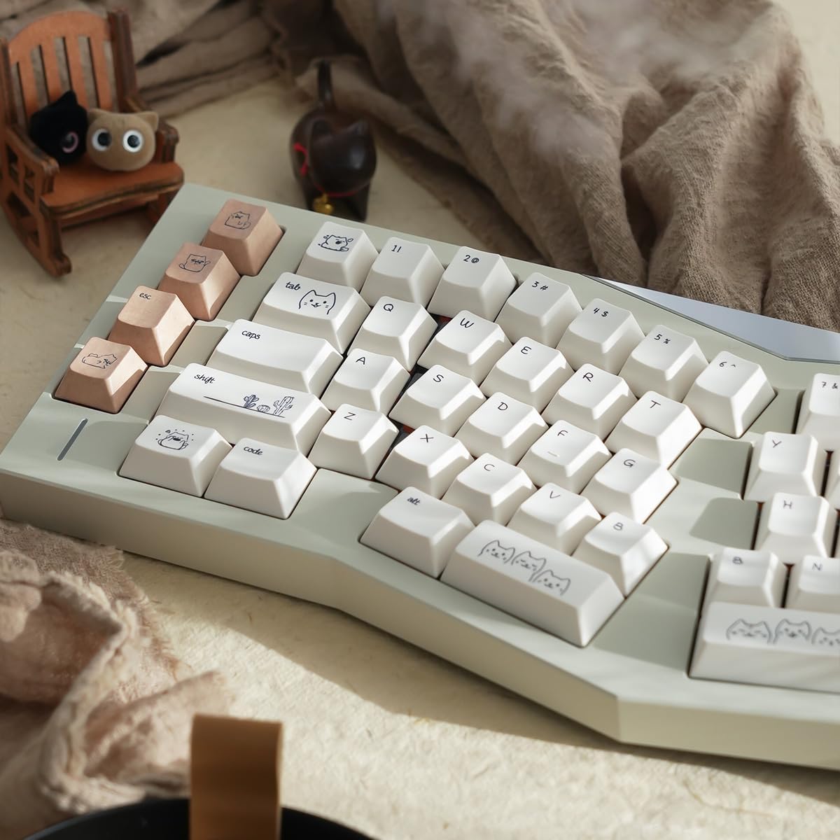 PBT Cute Cat Keycaps, Milk White Dye-Sublimation Keycap, 151 Keys Cherry Profile Keyboard Keycaps Set, Sand Dune Cat Custom Key Caps for Cherry MX Switches Mechanical Gaming Keyboard