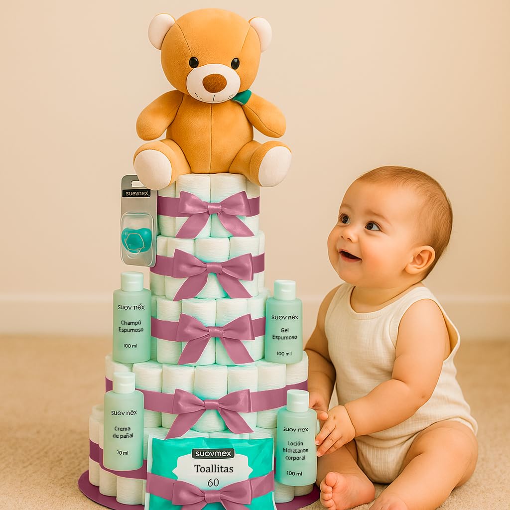 Tarta de Pañales Personalizable XXL Rosa Regalo Bebé Recién Nacido Niña Canastilla Bebe Recién Nacido. Chupete Gel Toallitas Loción Crema. Cesta Accesorios Bebe Recien Nacido Regalos Mamás Primerizas