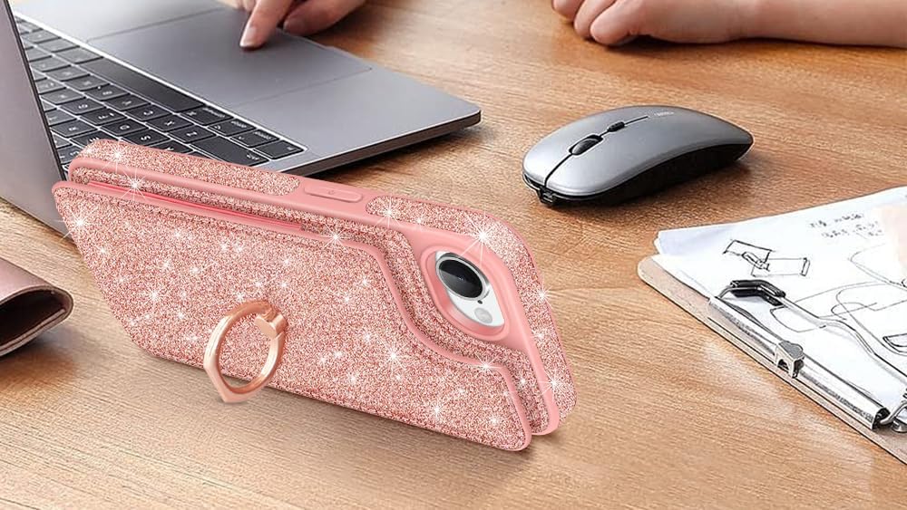 Compatible with iPhone 17e/16e Case Wallet,Glitter 5 Card Holder & 360°Rotation Ring Stand Shockproof Cover for Women Girls Shiny Flip PU Leather Case for iPhone 16E/17E,6.1Inch,Rose Gold