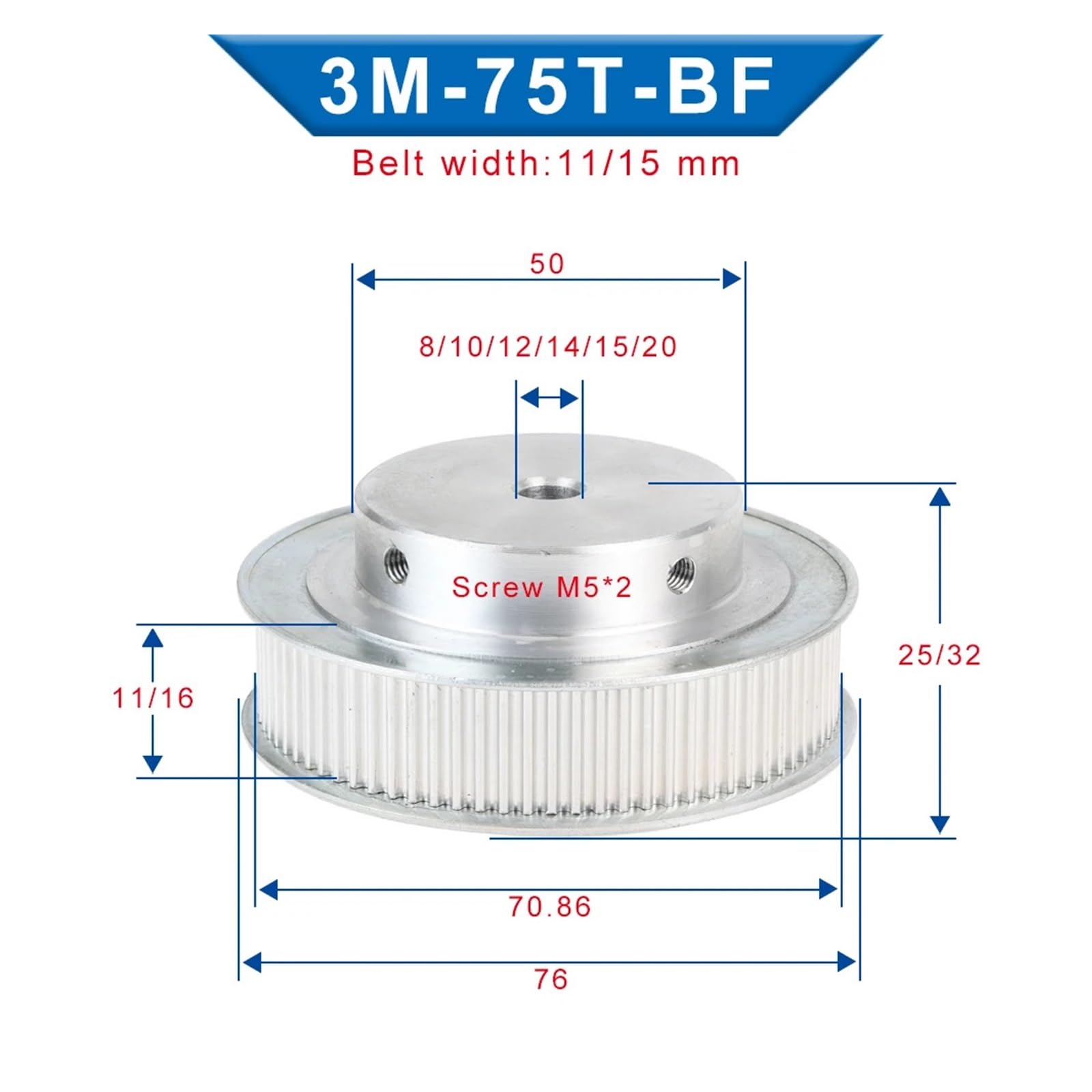 Polea síncrona de aluminio 3 modos 75T BF, agujero interior 8/10/12/14/15/20 mm de ancho, perfil de dientes de alta precisión, material duradero, polea de grado industrial para maquinaria