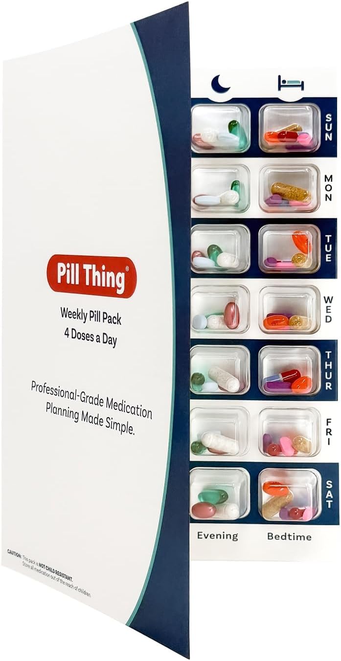 4 Times a Day Weekly XL Cold Seal Medication Blister Pack System Cards for Pills -One Piece Unit Dose Tri-Fold Booklet, Easy No Extra Equipment Needed, Just Fill and Seal (4X a Day Weekly - 6 Pack)