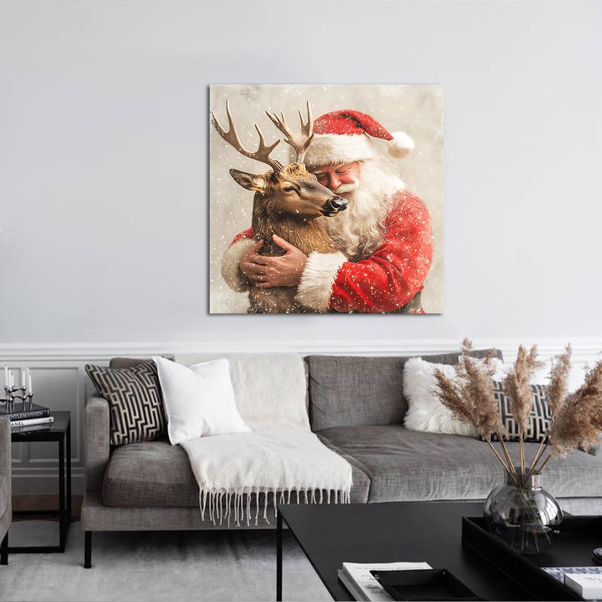 Wydruki na płótnie Boże Narodzenie renifer i Santa sztuka ścienna gotowa do powieszenia świąteczna dekoracja ścienna do kuchni salonu plakat do dekoracji wnętrz rama 80 x 80 cm