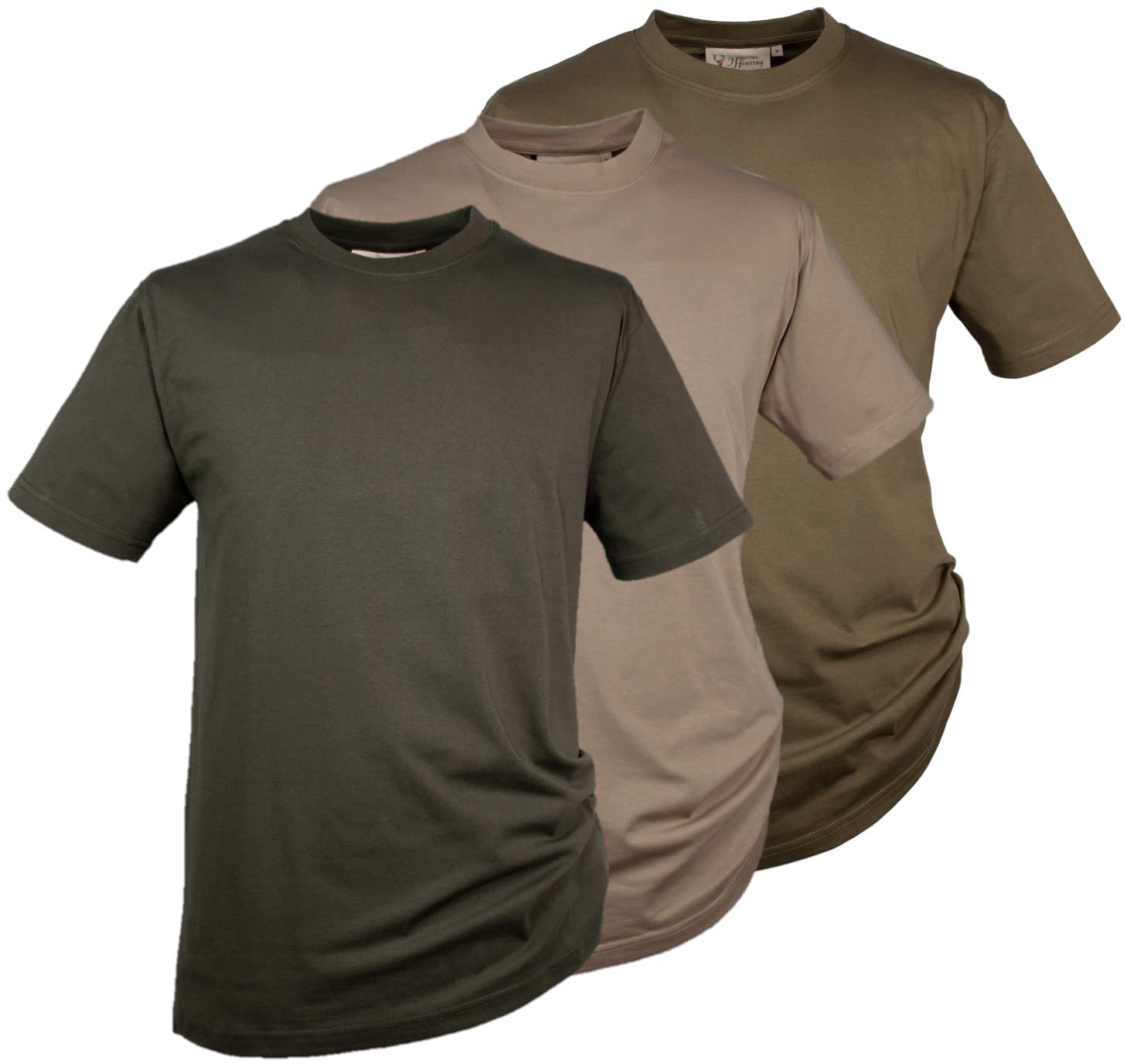 Hubertus® Camisetas en pack de 3 unidades, color junco/oliva/beige, camisetas de caza monocromáticas, resistentes, pack de 3, tallas de la S a la 8 XL.