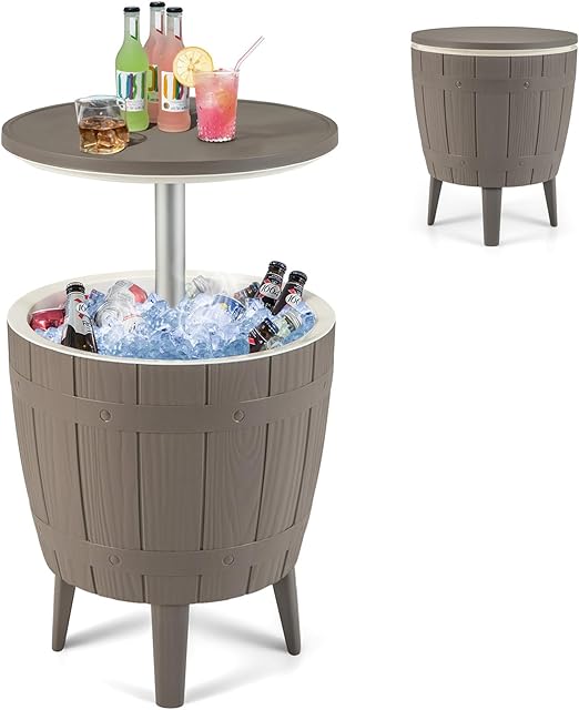 Giantex Cooler Side Table Outdoor - 10 Gallon Cooler Table with Drainage Plug, Adjustable Height, 3-in-1 Ice Cooler Cocktail Patio Cool Bar Table for Beer Wine Storage, Deck Pool Backyard Party