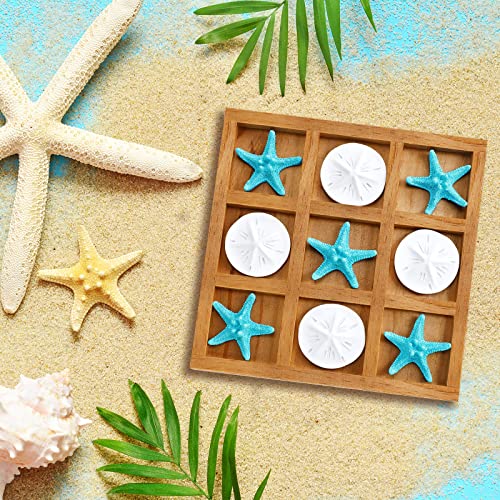 Beach House Decor Wooden Tic Tac Toe Game with Resin Seashell and Starfish Multilayer Tic Tac Toe Board Fun for Family Travel Beach Game Room Decoration, 7.87 x 7.87 x 0.47 Inch - Image 5