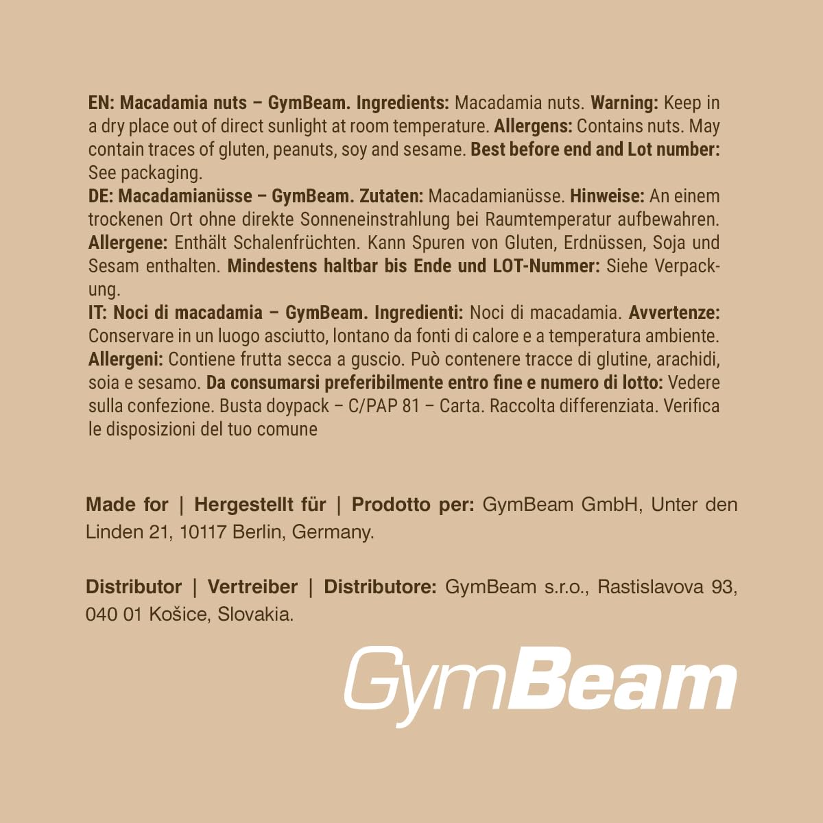 GymBeam Noci di Macadamia Intere 500g, Noci di Macadamia Non Salate dal Sapore Burroso e Croccante, Ricche di Grassi Sani, Prive di Additivi, Ideali per Vegani, Snack Salutare