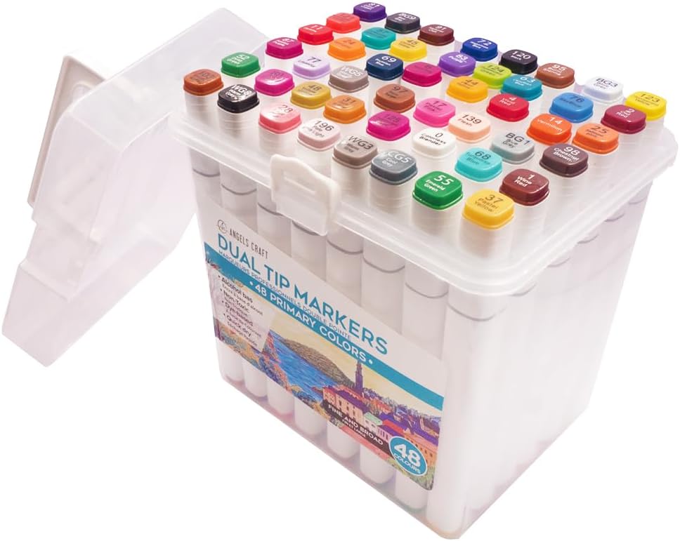 48-Piece Set of Alcohol Dual Tip Markers in Vibrant Primary Colors with Reusable Storage Case Sketch Pen for Coloring Drawing Artist Art Supplies