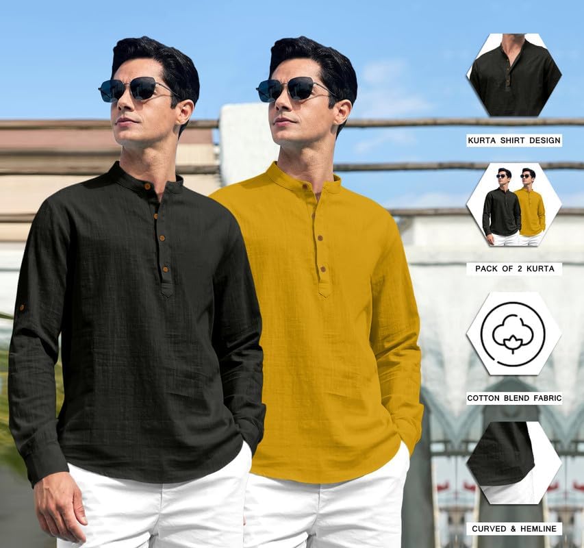 Image of ROYALSCOUT Combo of Men's Solid Cotton Blend Full Sleeve Straight Kurta Shirt (Pack of 2)