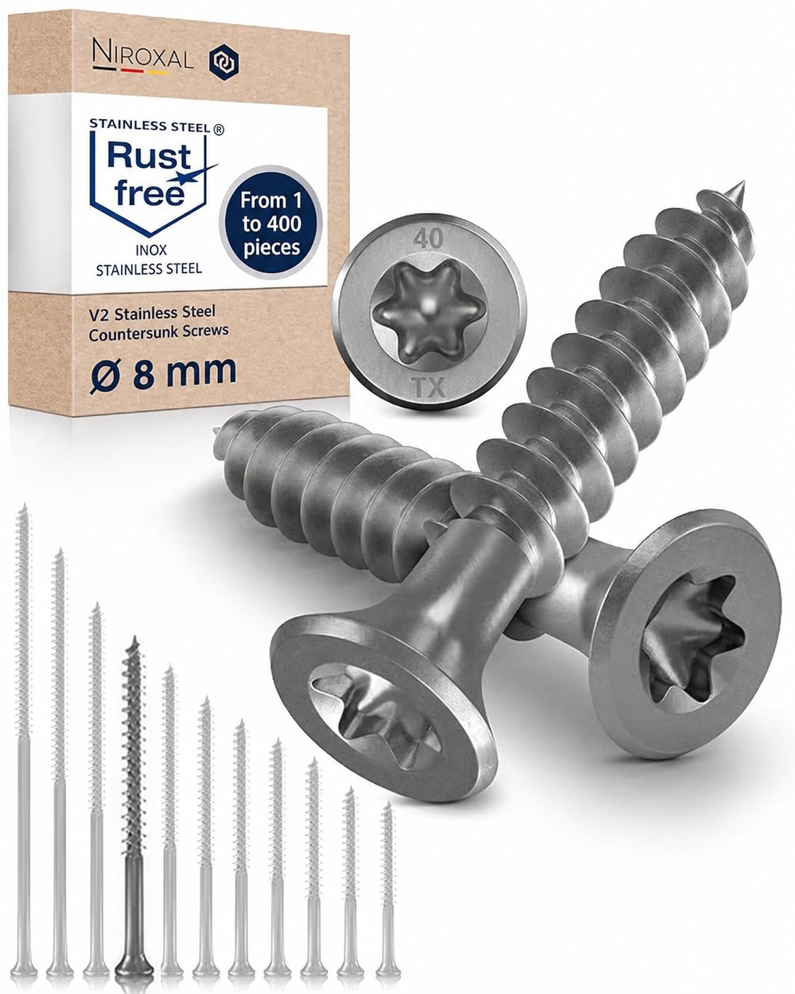 Wood Screws 8 x 160 mm Stainless Steel 304 TORX Countersunk Head Chipboard Screws Timber Screws Partial Thread A2 4 Pack