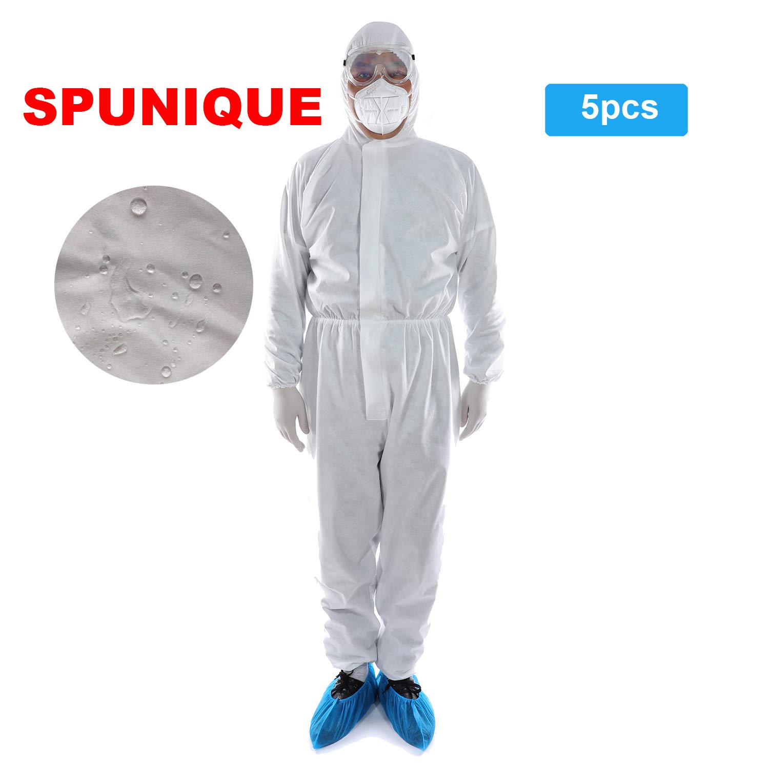 SPUNIQUE 5Pack Medium Protective Coverall Clothing for Adults,Disposable Breathable Isolation Gown with Elastic in Hood,Cuffs,Ankles and Waist,Zipper Up Front