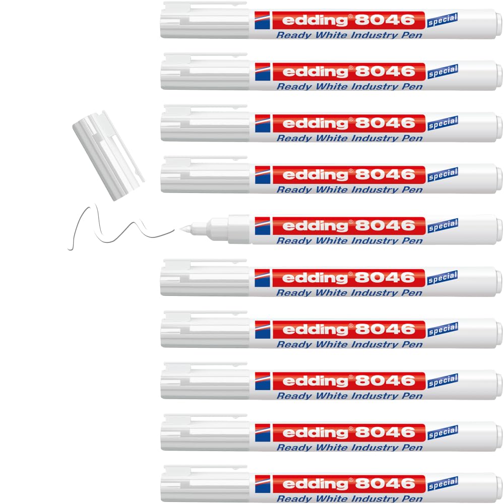 edding 8046 Ready White Industry Pen - Bolígrafo (10 unidades, punta redonda de 1 a 3 mm, rotulador permanente blanco para marcar y etiquetar metal, vidrio, piedra o plástico), permanente y resistente