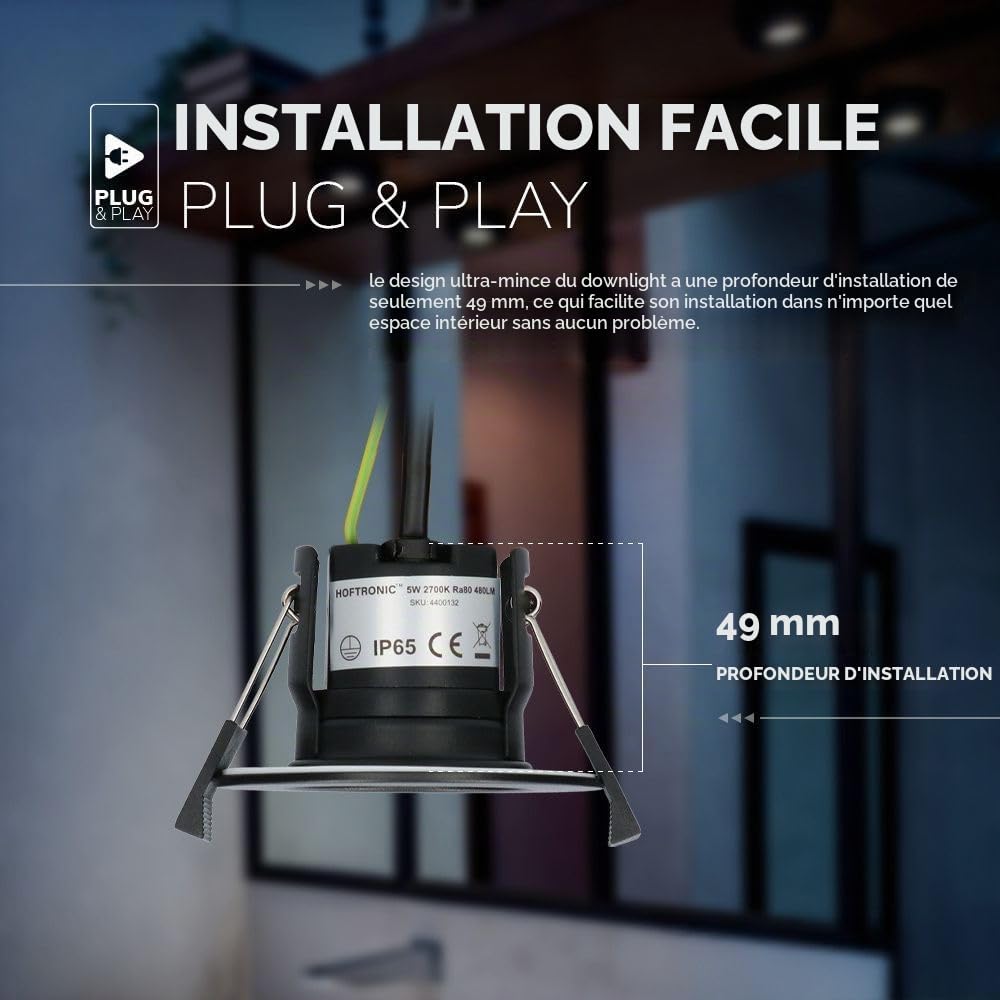 HOFTRONIC - 3x Nola LED Spot encastrable 68 mm Noir - IP65 étanche pour salle de bain, salon et extérieur - 5W 450lm - 2700K extra blanc chaud - spot plafond - spot plafonnier- spot terrasse