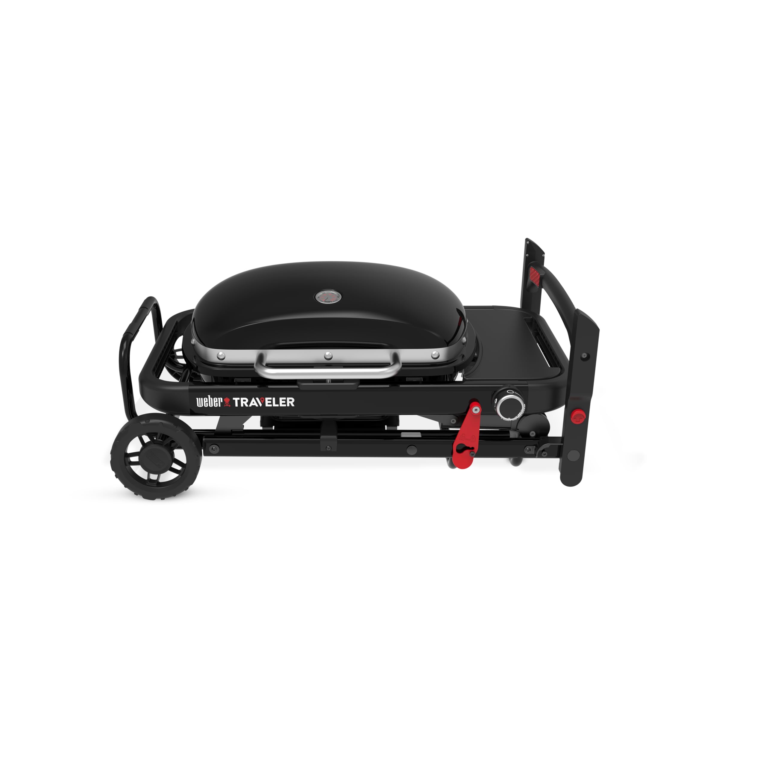 Weber Traveler Compact Gasgrill/Klappbarer und tragbarer Gasgrill mit Rädern, automatischer Deckelverriegelung und integriertem Thermometer, 1 Brenner, Grillfläche 52 x 36 cm, schwarz