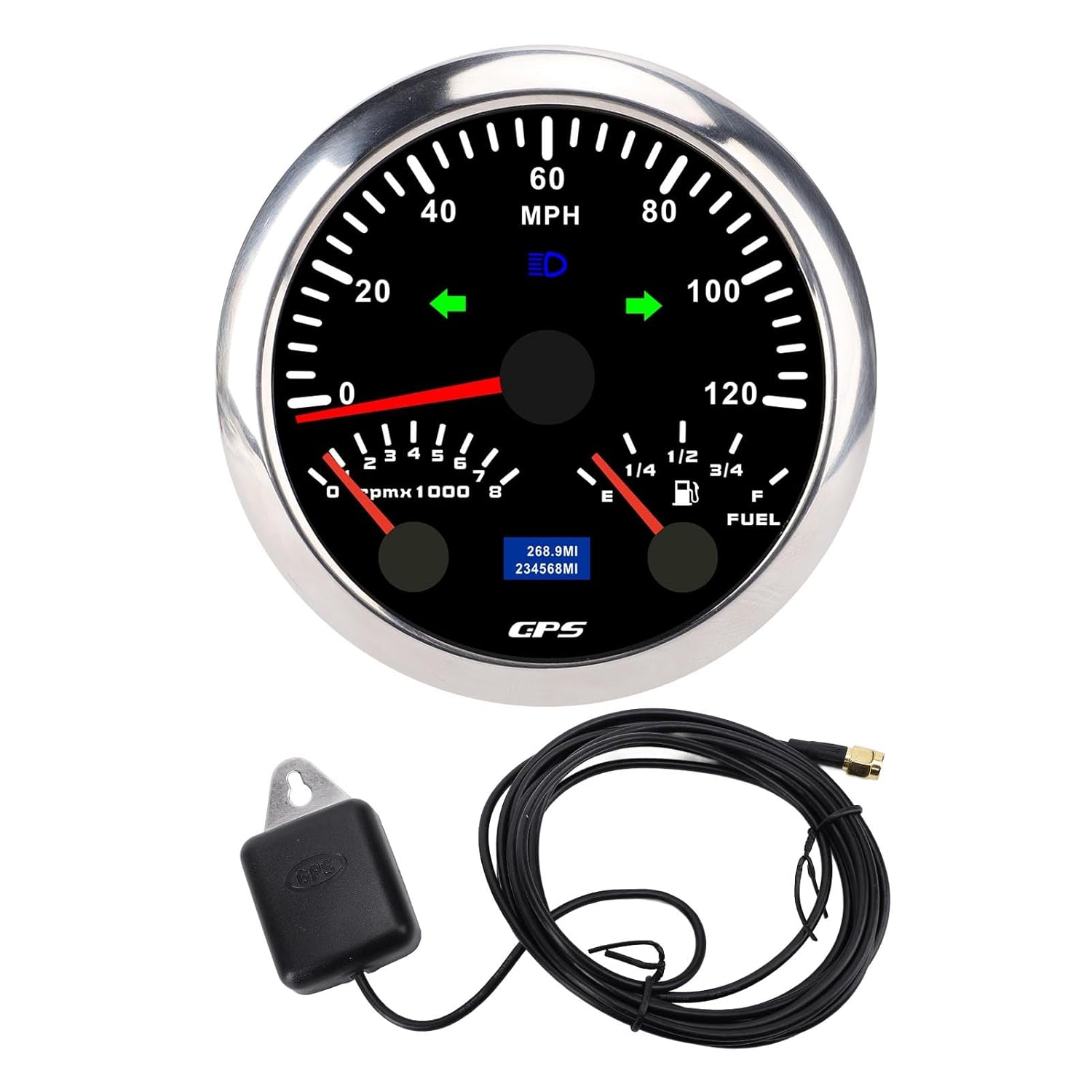 Keenso 3 in 1 GPS Speedometer, Tachometer Fuel Level Gauge 7 Colors Backlit 120MPH 8000RPM, with Turn Signal for RV Yacht Truck Car Marine Motorcycle (Black Dial Silver Bezel)