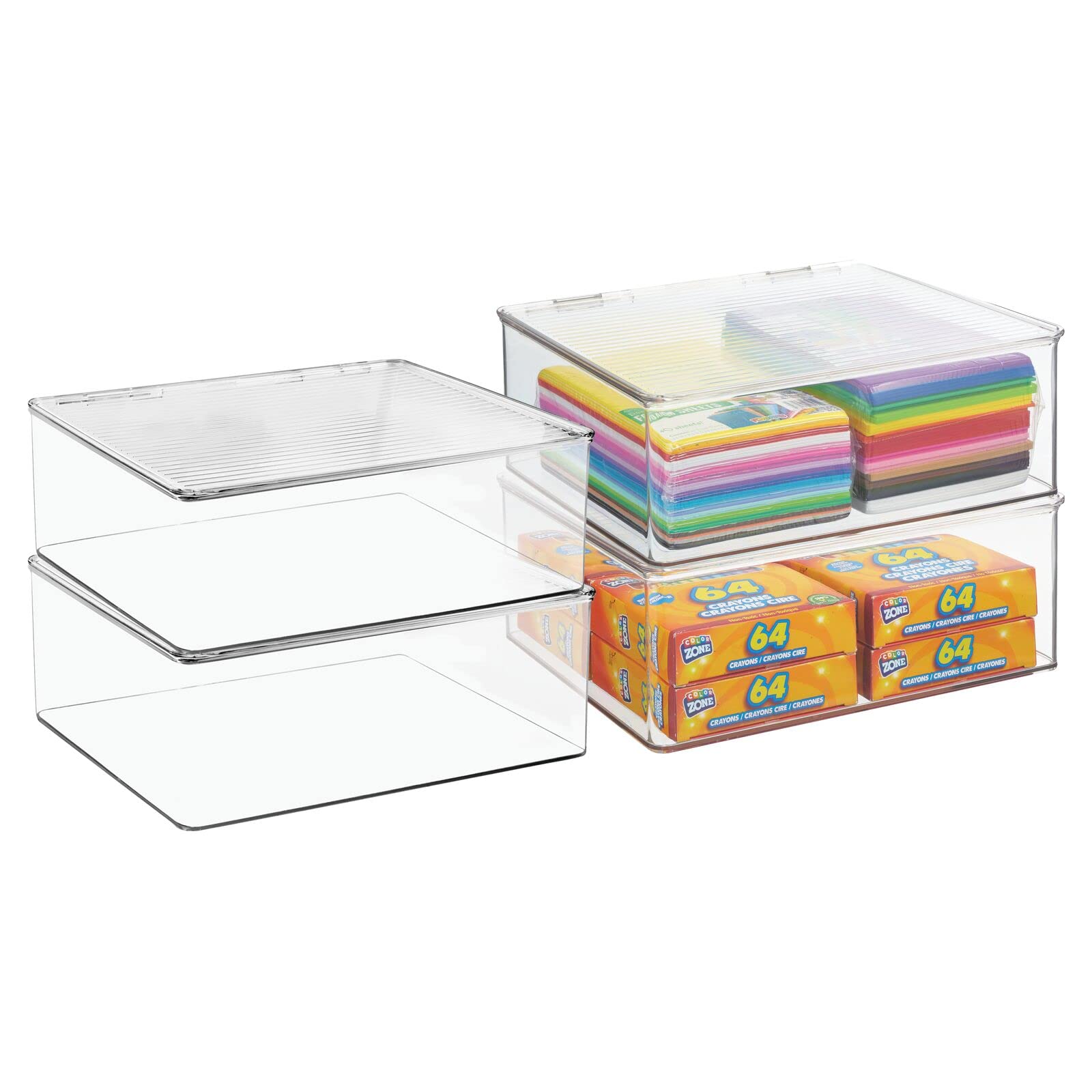 Photo 1 of mDesign Plastic Craft Room Stackable Storage Organizer Box Containers with Hinged Lid for Thread, Beads, Ribbon, Glitter, Clay, Sewing, Crochet, Stamps, Scissors, Ligne Collection - 4 Pack - Clear 11 x 13.4 x 5 Pack of 4
