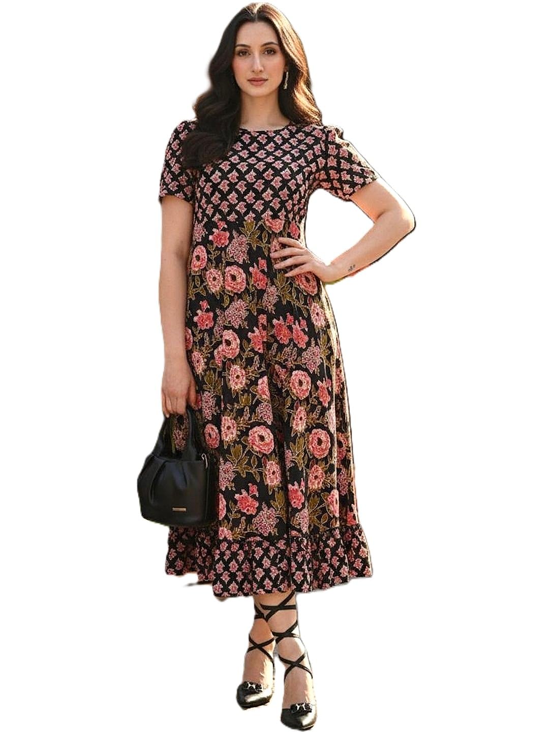 masiyala Women's Floral Print Maxi Dress, Black with Pink Flowers, Short Sleeve, A-Line Style-picture-22