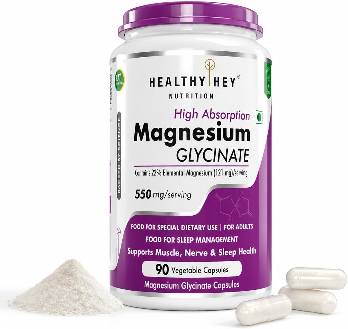 HealthyHey Nutrition Magnesium Glycinate High Absorption for Sleep, Cramps, & Nerves Health - 90 Vegetable Capsules
