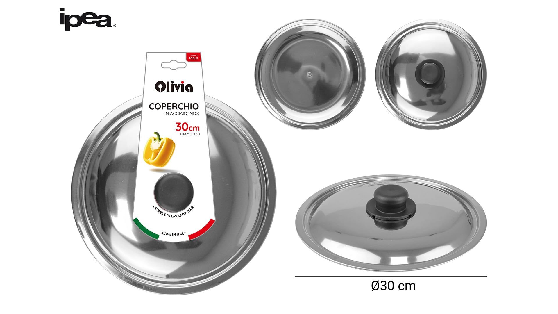 IPEA Coperchio per Padella o Pentola in Acciaio Inox - 18/20 / 22/24 / 26/28 / 30 cm - Coperchio Rotondo Universale con Pomello per Padelle da Cucina - Lavabile Lavastoviglie
