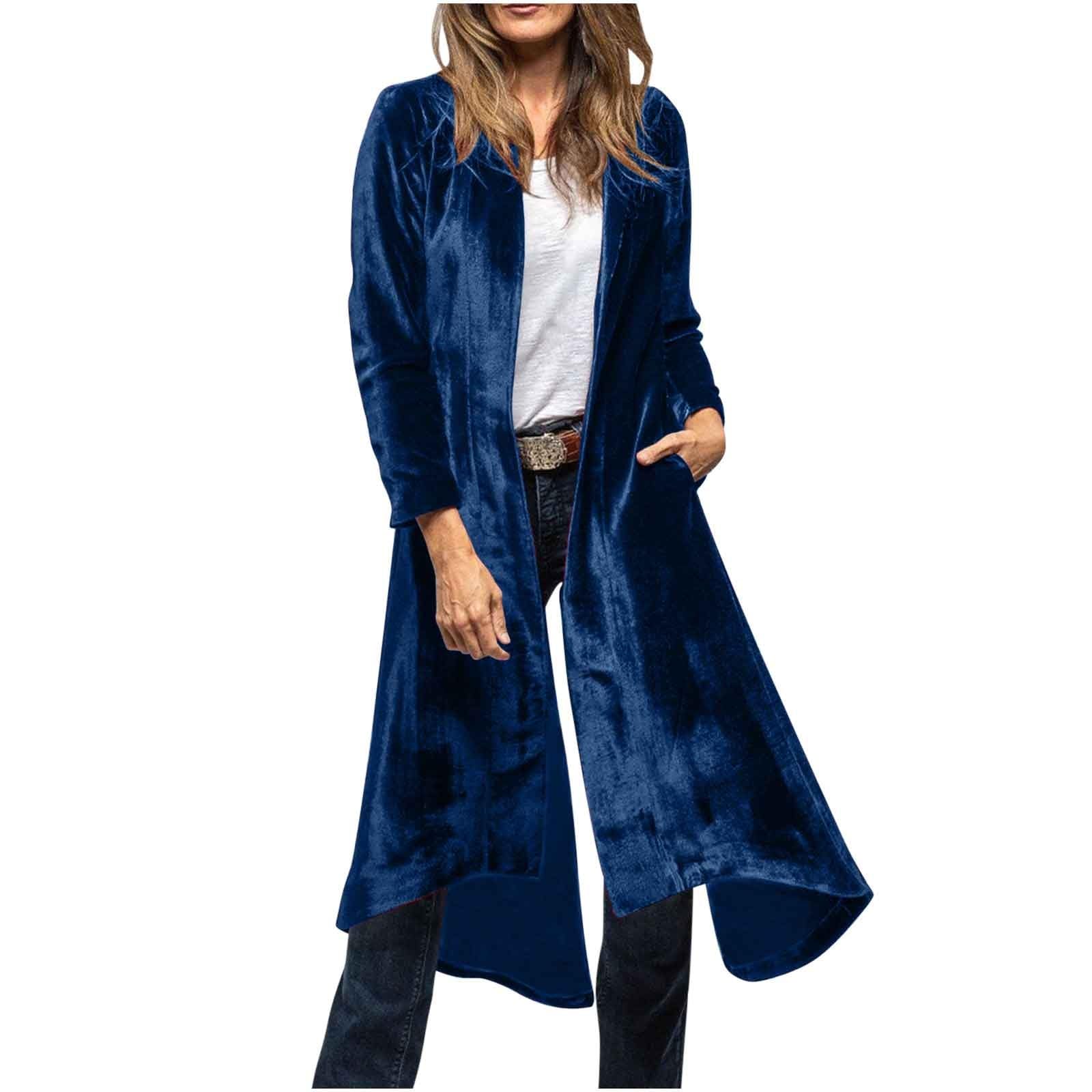 Womens Velvet Cardigan Jacket Open Front Velour Long Blazer Duster Elegant Back High Slit Outwear with Pockets