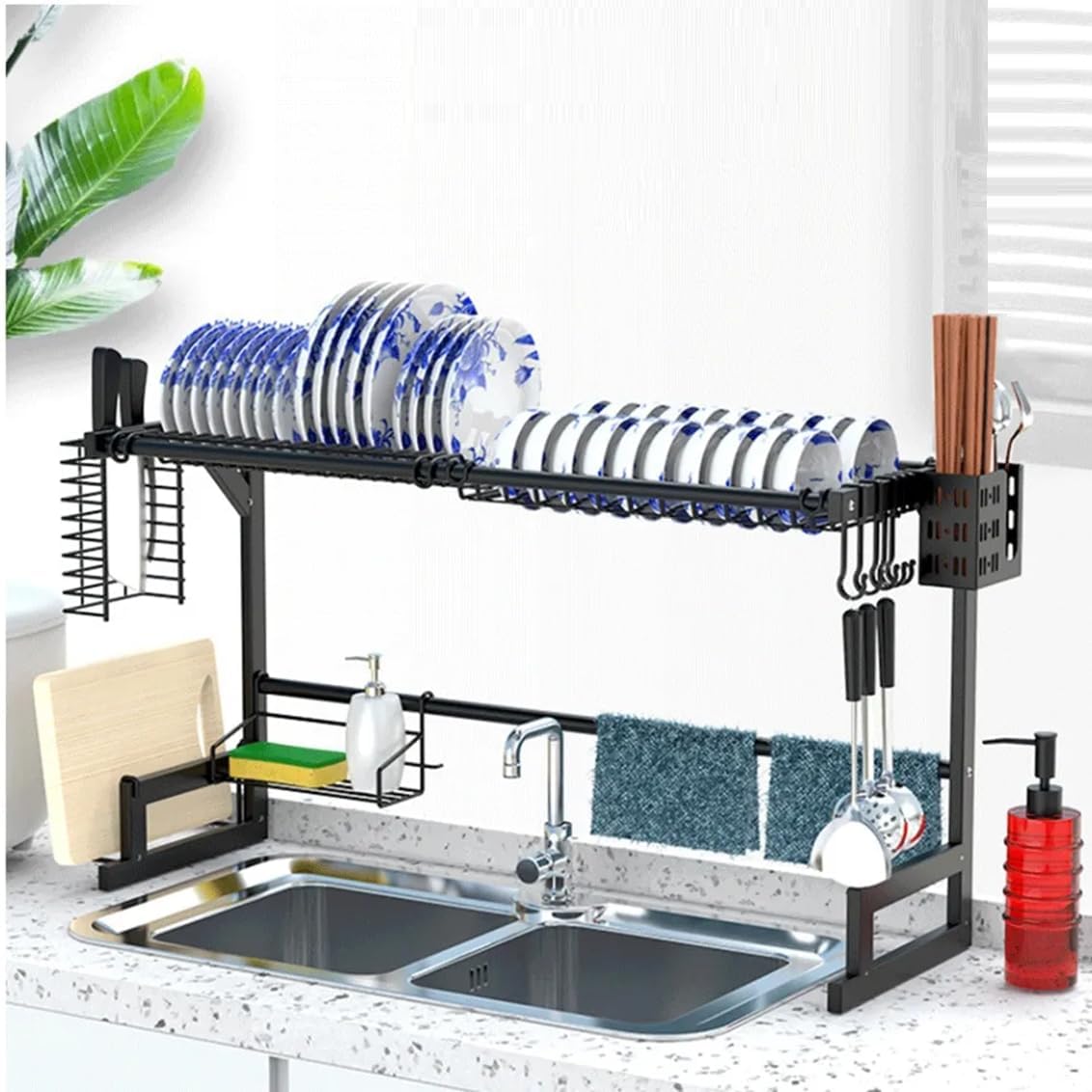 Lukzer Over The Sink Kitchen Storage Shelf Metal Dish Rack Organizer Basin Floor Drying Tableware Drain Space Saving Countertop Stand with L Shape Knife Holder (Black/52x85x28.5CM) (B0CVGMX83T) Amazon Price History, Amazon Price Tracker