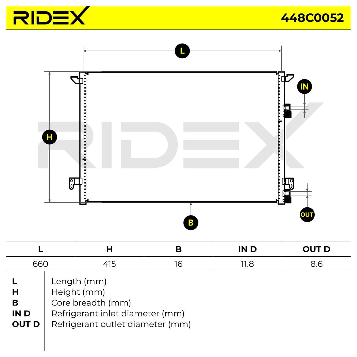 RIDEX 448C0052 Condensador aire acondicionado sin secador Compatible con OPEL Vivaro A Combi X83