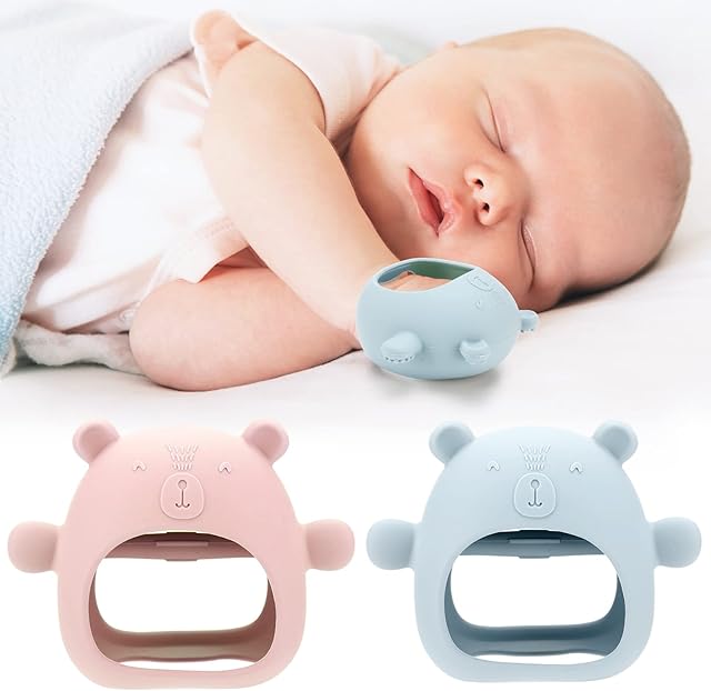 Brynnl Silicone Soothing Teether Mitten, 2 Pack Baby Teething Toy for Baby Silicone Teether Gloves 3D Shape Prevent Finger Sucking Massages Sore Gums fit for Over 3 Months Breast Feeding Baby (Bear 1)