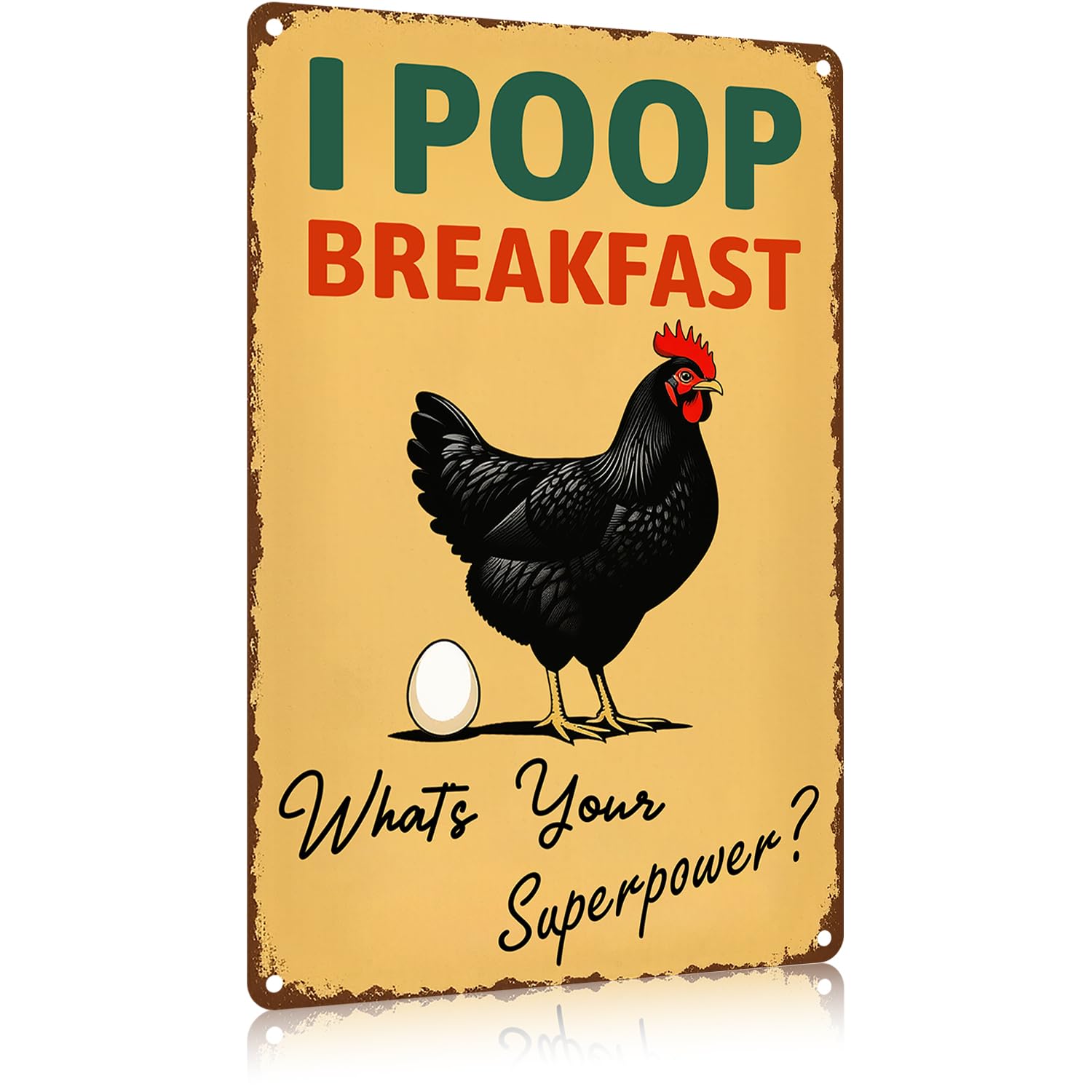 Funnysign Vintage Chicken Tin Sign – “I Poop Breakfast, What‘s Your Superpower?” – Rustic Farmhouse Metal Wall Art for Kitchen, Coop, Barn, Breakfast Nook or Backyard Décor, 8×12