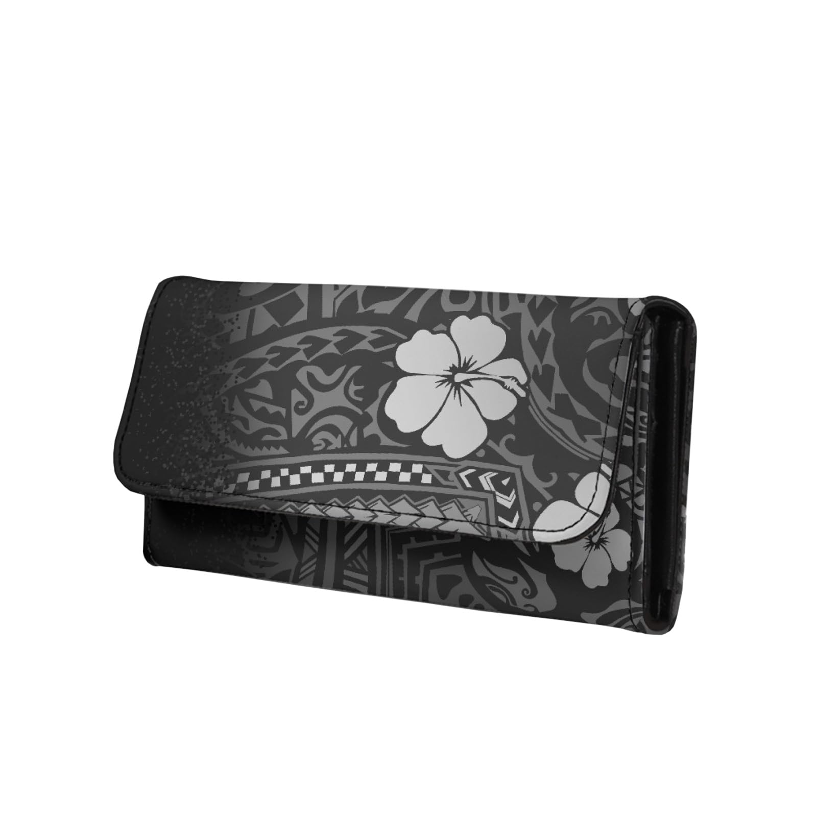 JolamirelHibiscus Women's Wallet Black Gradient Flower PU Leather Large Capacity Trifold Ladies Wallet Hawaii Island Style Tall Billfold Secretary Cash Wallet