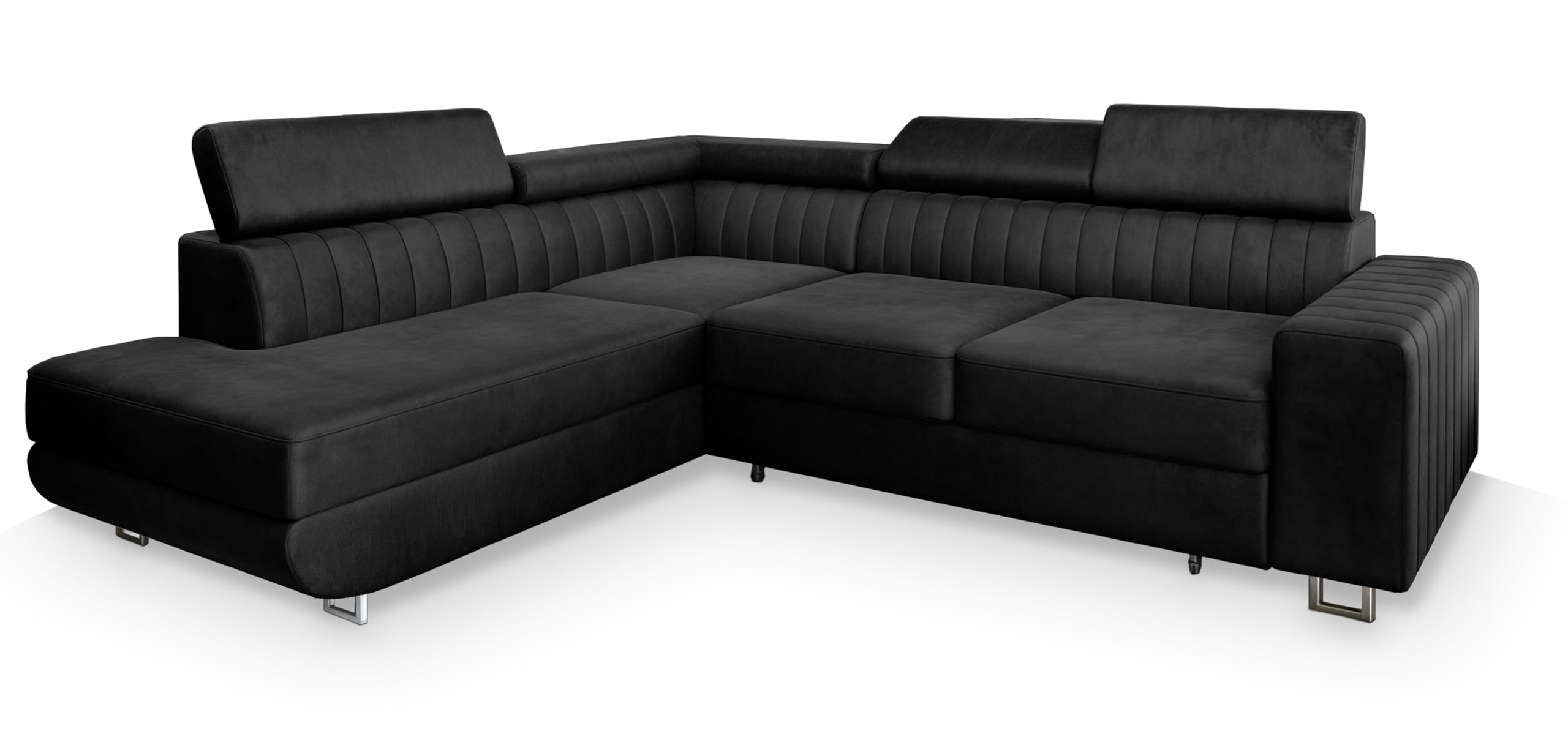 Masseno Ecksofa NOLA L-S mit Schlaffunktion – L-Form, Bettkasten, Schwarz, Monolith 95