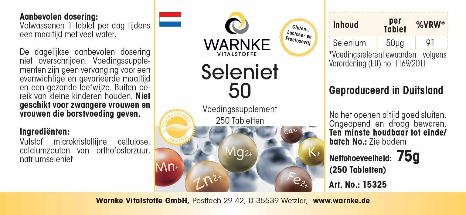Selenio 50 mcg integratore di sodio - Ottenuto da selenio - Sostanza pura - 250 compresse | Warnke Vitalstoffe - Qualità da farmacia tedesca