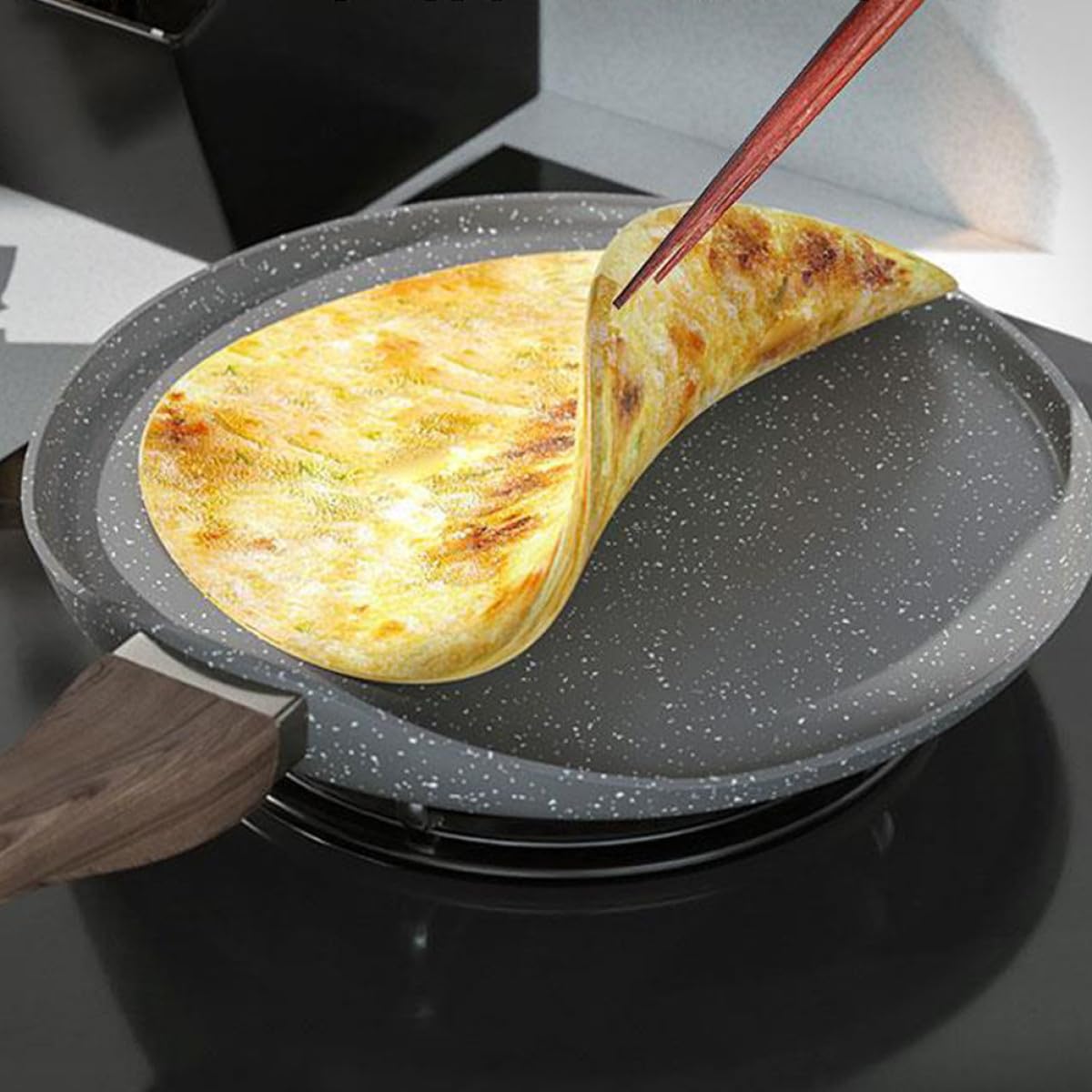 Antihaft pfanne mit Holzgriff Kratzfeste Hitzebeständige Bratpfanne für Fettfreies Braten und Backen Vielseitige Flache Pfanne für Kuchen Pfannkuchen und Crepes