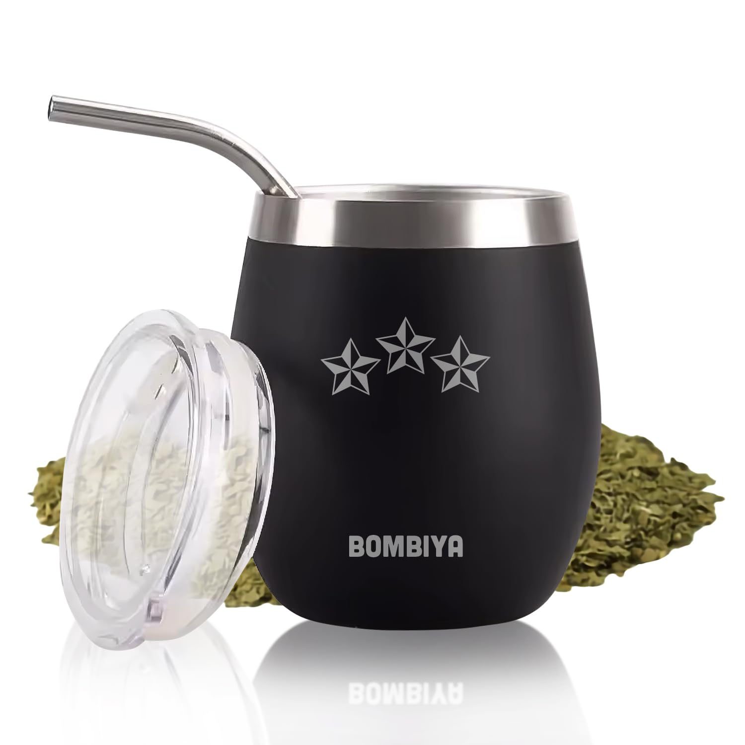 Bombiya Yerba Mate Cup 3 Star Edition - Mate cup and bombilla set and plastic lid – Yerba mate gourd with double wall stainless steel – Ideal drinking gourd for mate argentino – 8oz yerba mate tea cup