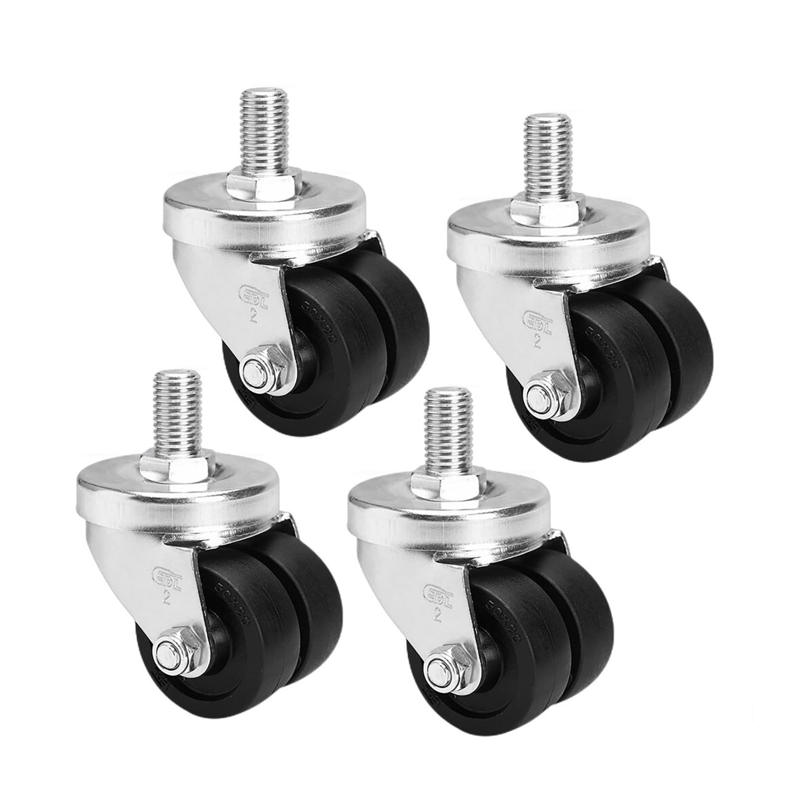 Gerrit 50mm Roulettes à Tige Filetée Pivotante, Tige Filetée Métrique M16, Roulette Industrielle Stable et à Centre de Gravité Bas Lot de 4, Roulette en Nylon Noir à Double Rangée Résistante à l'usure