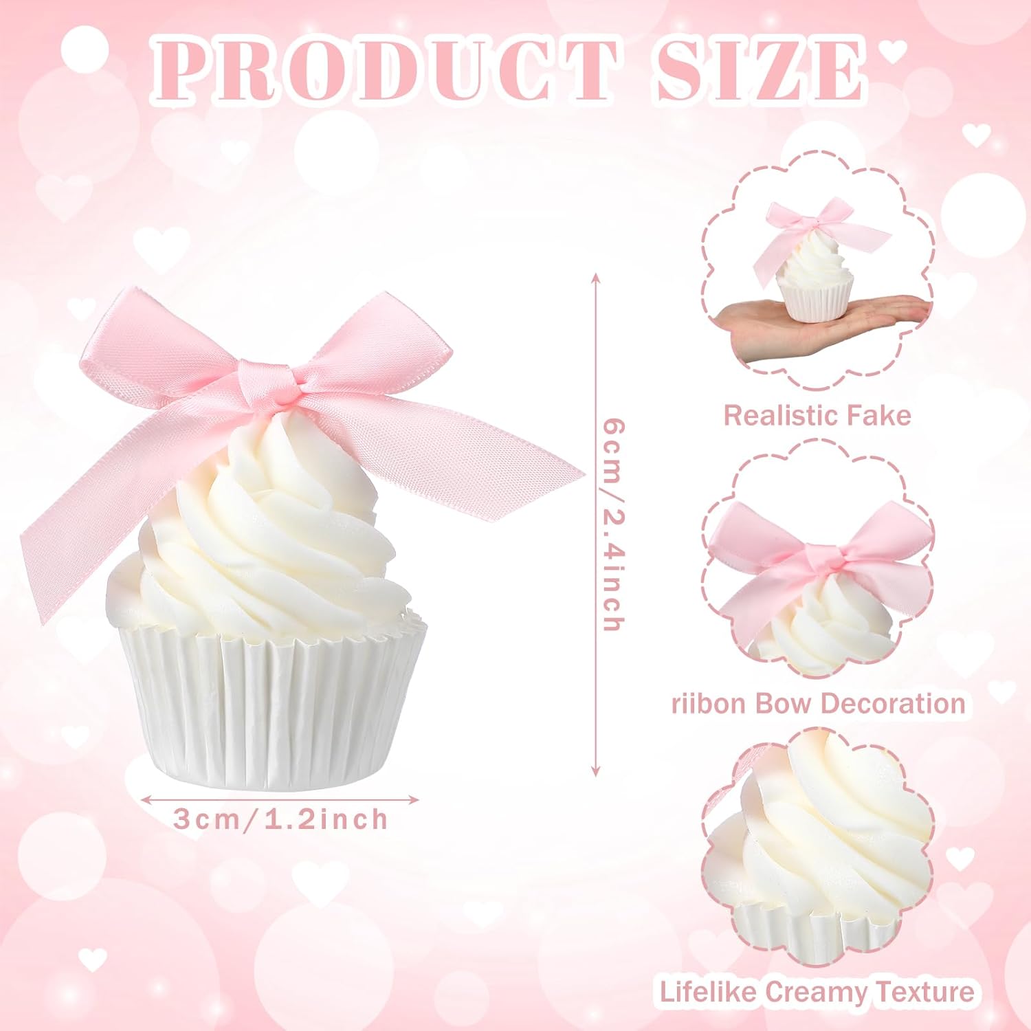 Fiwochic 4 Pcs Pink Bow Fake Cupcakes Coquettish Artificial Cake Desserts Pink Bow Fake Birthday Cupcake Photography Props Decor for Wedding Baby Shower Party Display
