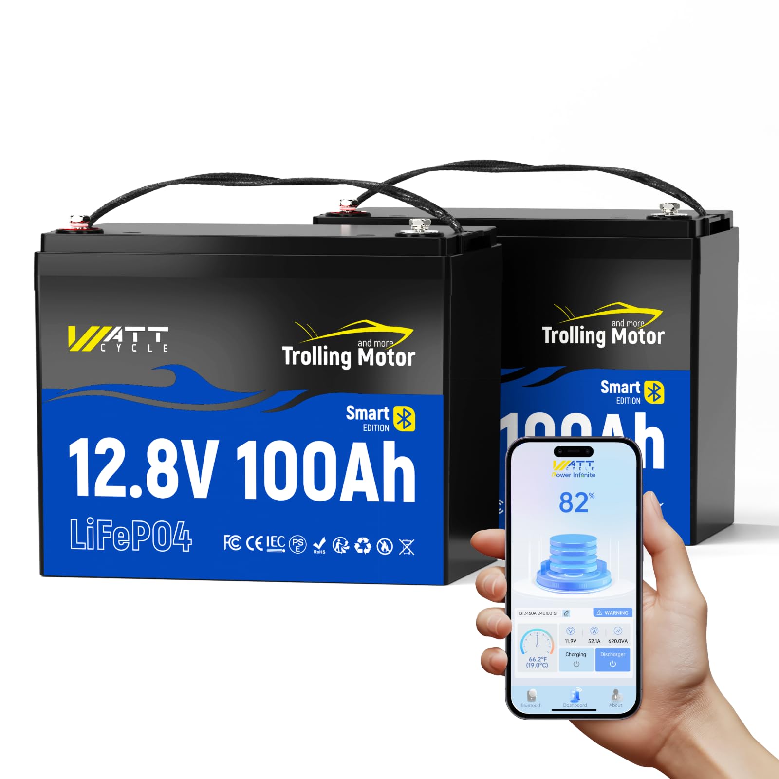 Wattcycle Pack de 2 Batteries Lithium 12V 100Ah LiFePO4 Bluetooth, Batterie Marine IP67 avec BMS 120A et Protection Anti-Froid, pour Bateau, Moteur Électrique, Camping et Solaire