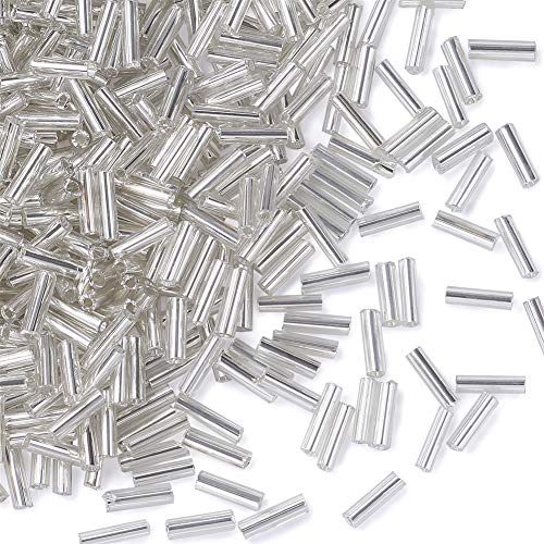 Pandahall 1250pcs/50g Silver Lined Glass Bugle Beads 6x1.8mm Clear Tube Loose Glass Seed Spacer Beads for Jewelry Making (FloralWhite)