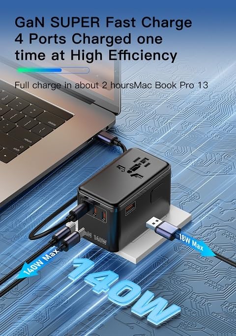 Cargador de viaje con adaptador de corriente de 140 W, adaptador de corriente multifunción de 4 puertos USB, estación de carga de escritorio con carga rápida PD 140 W