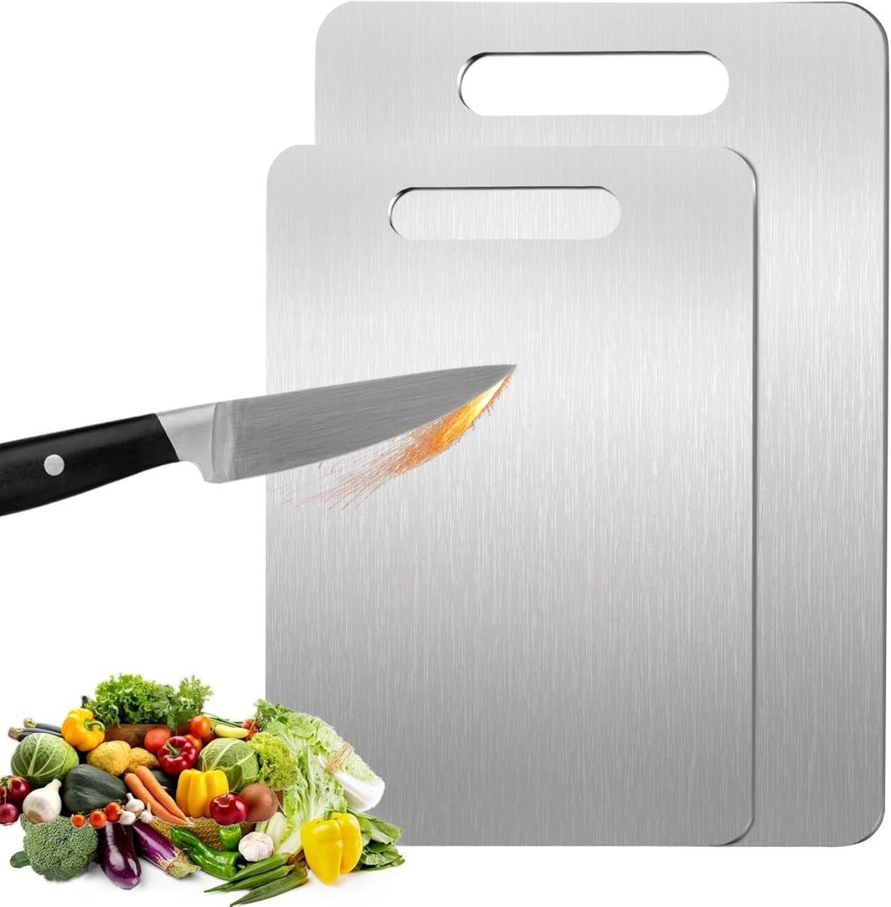 Spardar 2PCS Stainless Steel Chopping Board, Machine-Washable Double-Sided Cutting Board Set, Durable and Scratch-Free, Non-Stick and Easy to Clean, for Cutting Fruits & Veggies, Meat and Seafood
