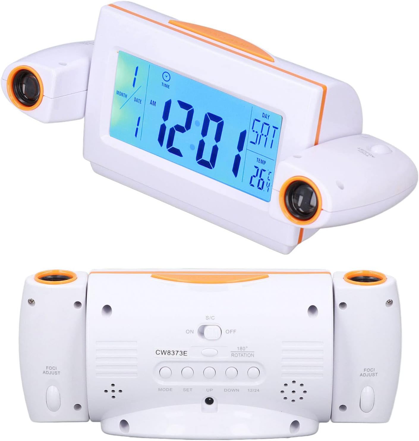 Glareless LED Projection Alarm Clock with Voice Control, Dual Projection, Temperature Display, Ideal Kids and Family, Soft LED Night Light, 12/24 Hour System (White Orange)